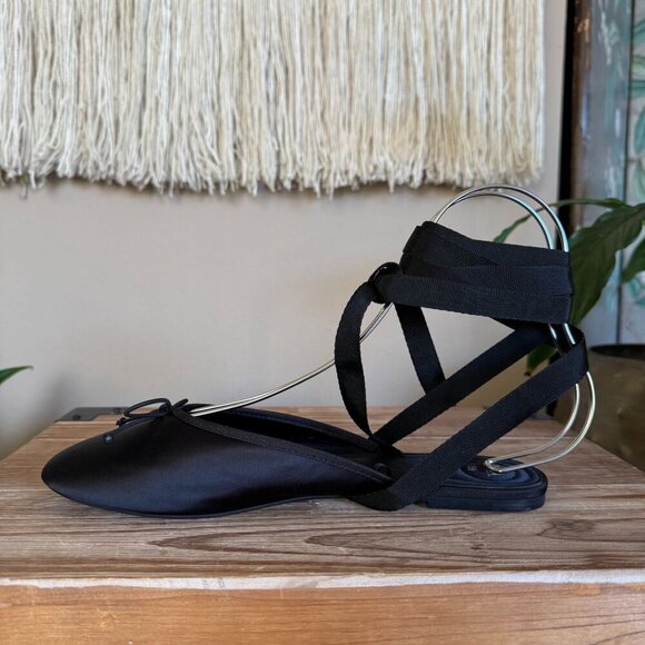 Zara Black Satin Mule Ankle Wrap Bow Detail Minimalist Ballet Flat Size 39 / 8 - Picture 9 of 15